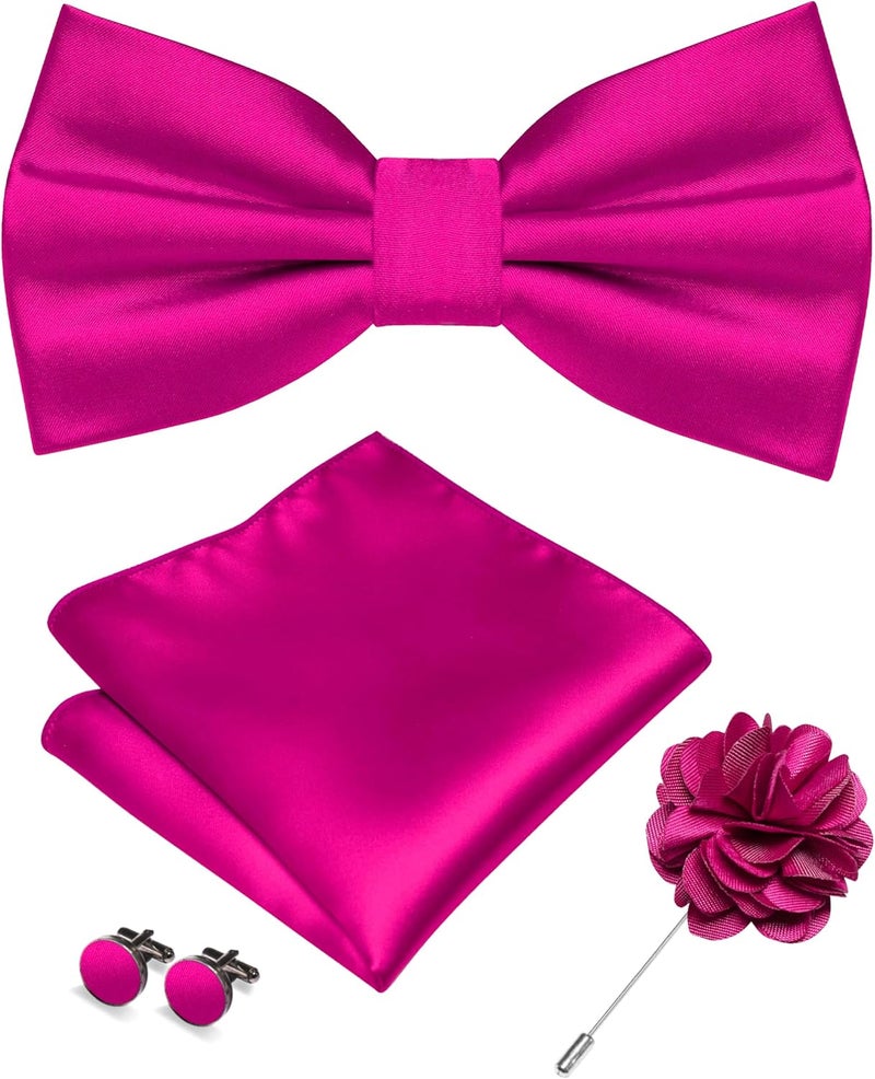 RBOCOTT Solid Color Bow Tie and Pocket Square with Lapel Pin Cufflinks Set 4PCS - Image 1